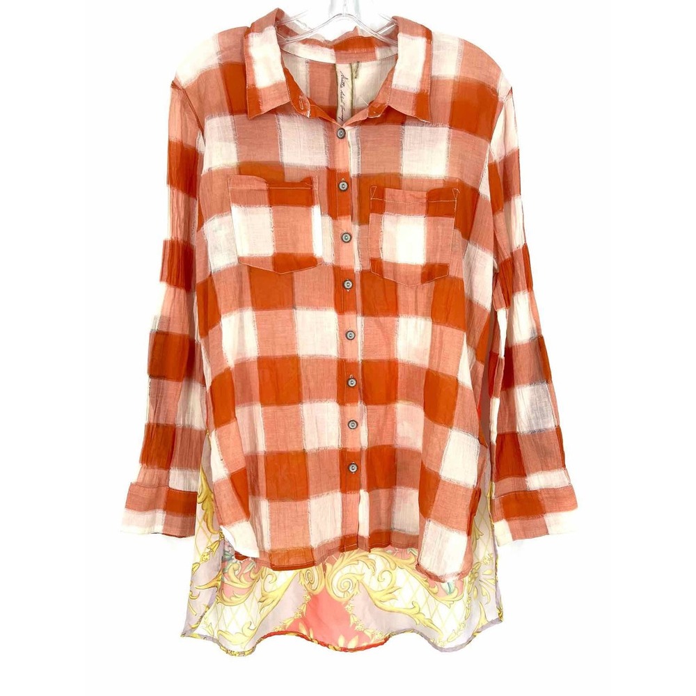 Aratta Silent Journey Women S Boho Gingham Floral Mixed Media Button Up Shirt